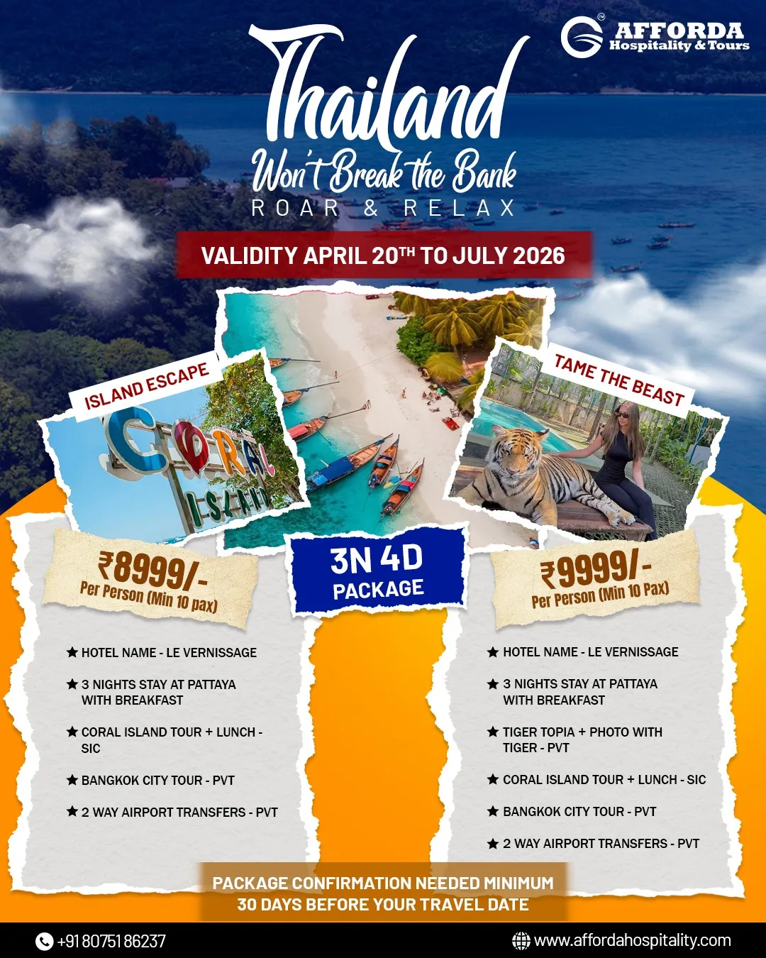 3 Nights Pattaya Package April to July 2026 with Coral Island Tour and Tiger Topia Option