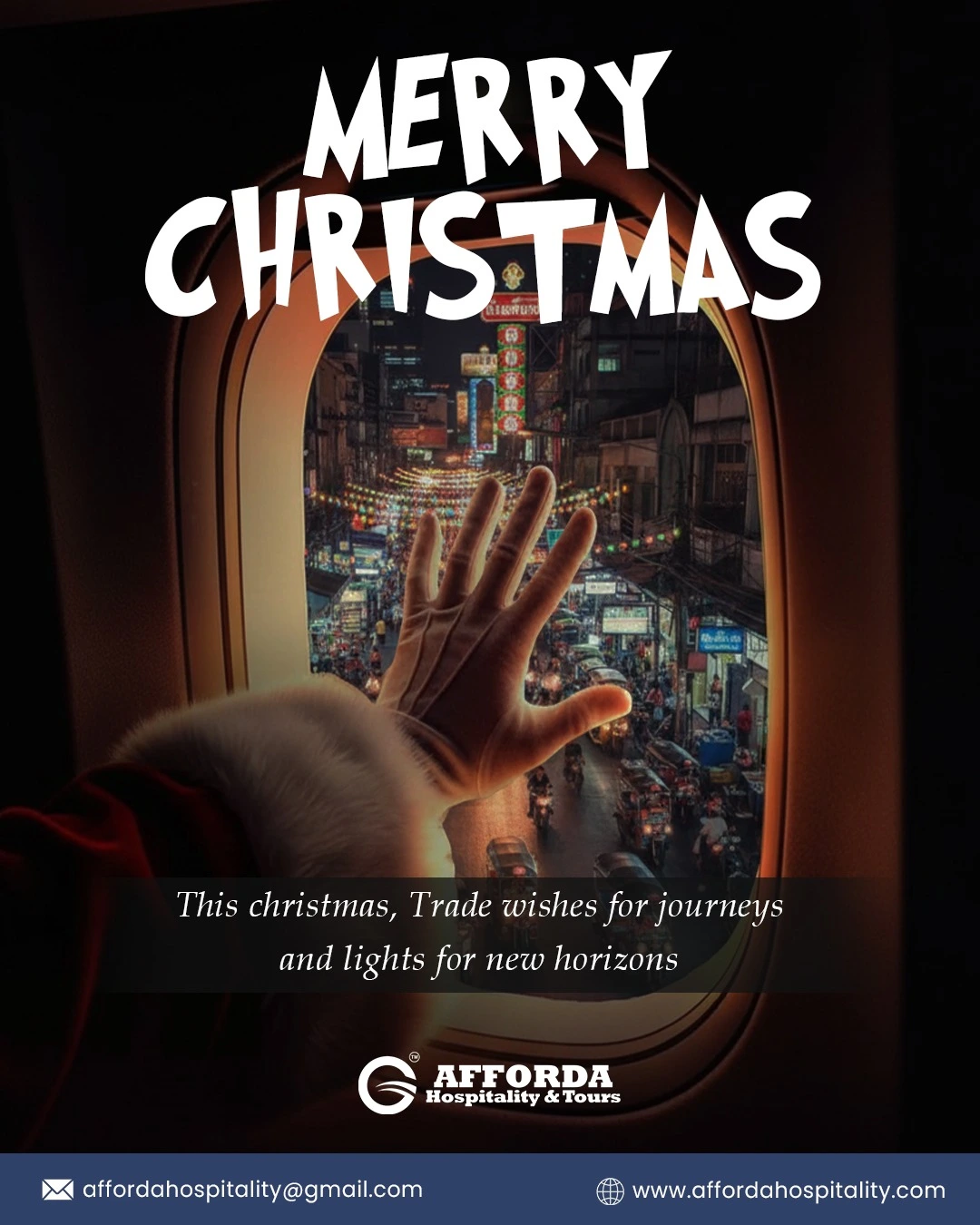 Christmas festive travel wishes by Afforda Hospitality & Tours with warm lights and journey inspiration