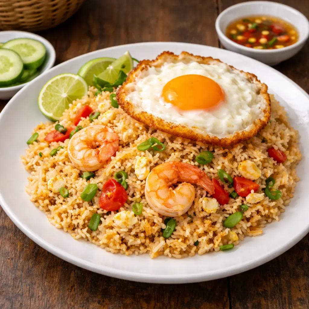 Authentic Khao Phat Khai Thai fried rice with egg, vegetables and lime served in Thailand