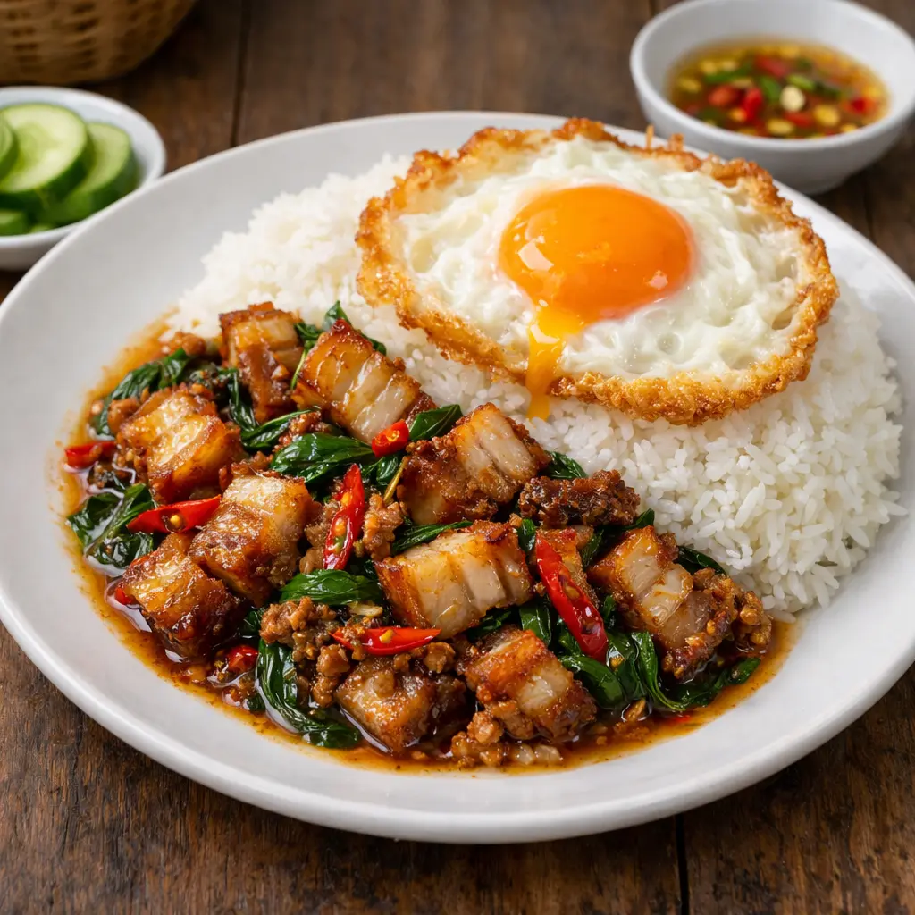 Authentic Pad Kra Pao Moo Krob crispy pork belly stir-fried with holy basil and chili served over rice