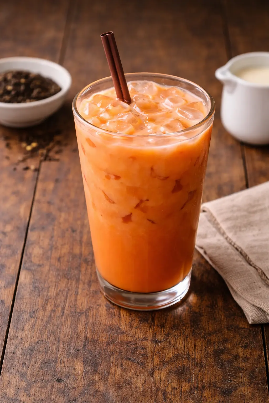 Authentic Thai iced tea with condensed milk served over ice in Thailand